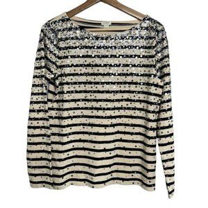 J Crew Womens Size Small Confetti Sequin Blue Stripe Long Sleeve Top Boatneck